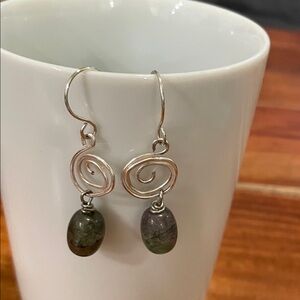 Artisan Silver Swirl Earrings with Green Accents